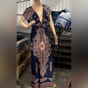 Jessica Taylor dark blue multicolor patterned v neck maxi dress size medium